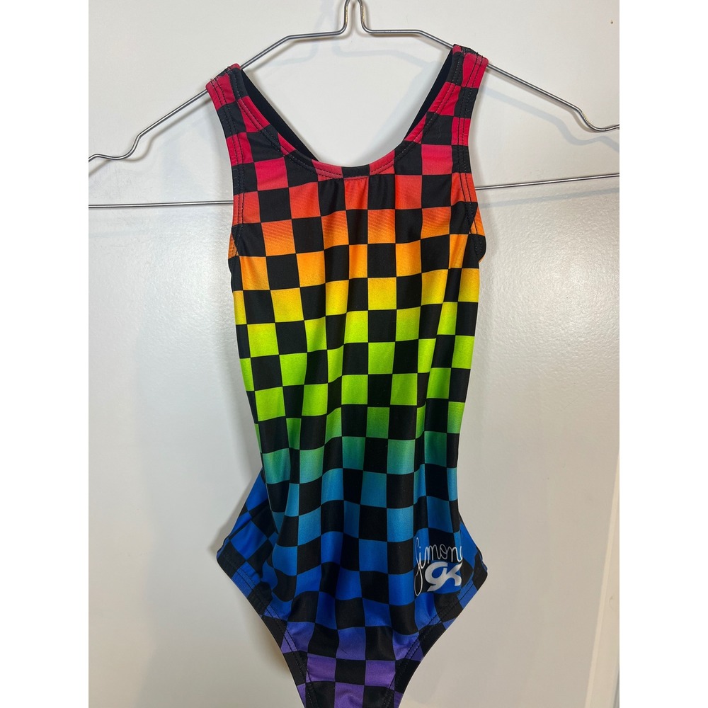 GK Elite Girls Gymnastics Leotard Simone Biles Rainbow Checkered Size CXS